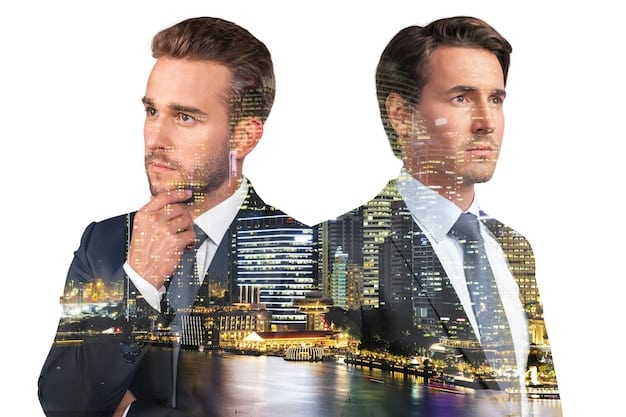 A split image. On one side, a photo of the CEO of HYBE Corporation addressing a crowd during an investor conference, with charts and financial data projected on a screen behind him. On the other side, a zoomed-in shot of a news article headline discussing BTS's potential contract renewal, conveying the high stakes and media attention surrounding the issue.