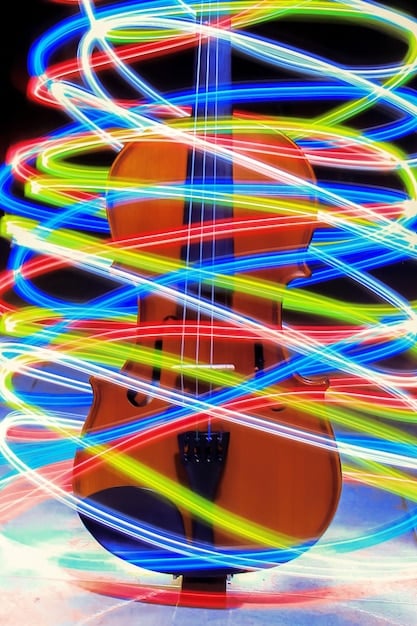 Artwork representing a musical collision, with elements of K-Pop (light sticks, vibrant colors) blending into American Pop (microphone, neon lights).