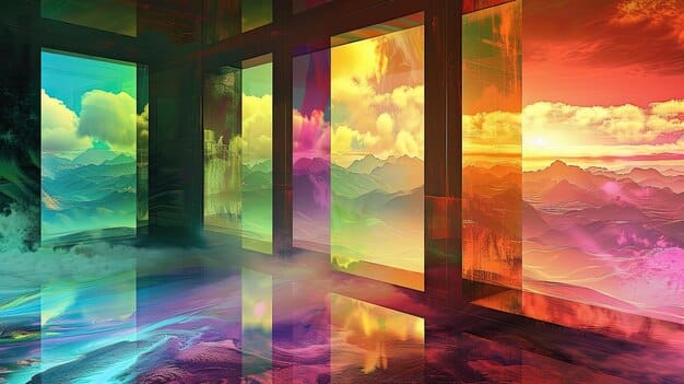 A panoramic view inside KWANGYA, aespa's virtual world, showcasing futuristic landscapes, vibrant colors, and interactive elements designed to enhance the concert experience. The image captures the unique atmosphere and boundless possibilities of aespa's metaverse performances.