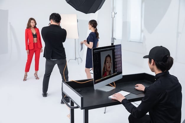 A behind-the-scenes look at a rising K-Pop group during a photoshoot for a US magazine. The members are posing professionally, and the setting includes American photographers and stylists, illustrating the collaborative effort to promote K-Pop stars in the American market.