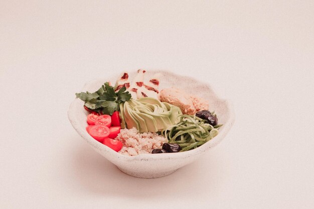 A collage of images demonstrating some common K-Pop diet foods: a small bowl of brown rice, a single sweet potato, a piece of chicken breast, and a handful of vegetables. The portions should appear very small and visually emphasize the calorie restriction.