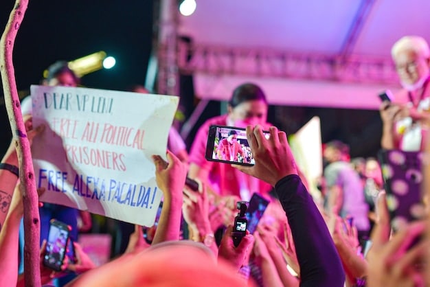 A close-up shot of fans holding up banners and light sticks with the faces of their favorite J-Pop idols printed on them at a concert in Los Angeles.