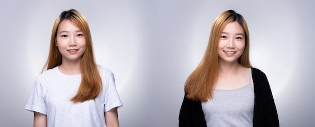 A split image comparing a K-Pop idol's appearance during their debut versus their current appearance. Focus is on subtle changes in facial features, like the eyes and jawline.
