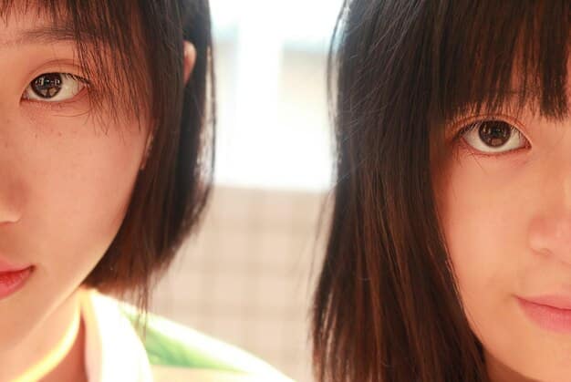 A close-up comparison of a K-Pop idol's eyes, with annotations pointing out subtle differences in the eyelid crease and the corners of the eyes.