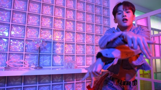 A montage showcasing various K-Pop album covers, concert visuals, and fan engagement activities (e.g., fan signs, online events) with a focus on the US market, under a dynamic background with American flag colors and music-related graphics.