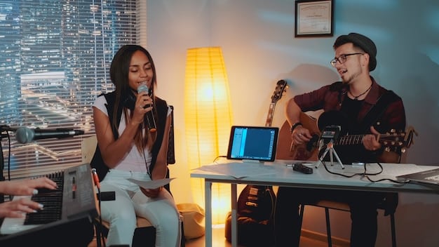A split image showcasing two K-Pop artists in a recording studio, collaborating on a track. One side features a Korean artist, and the other side features an American artist, highlighting the cross-cultural collaboration process.