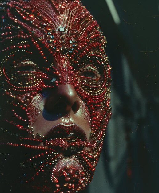 A close-up shot of a J-Pop music video set featuring a singer in an elaborate costume with intricate details and vibrant colors. Focus on the craftsmanship and artistry of the costume design.
