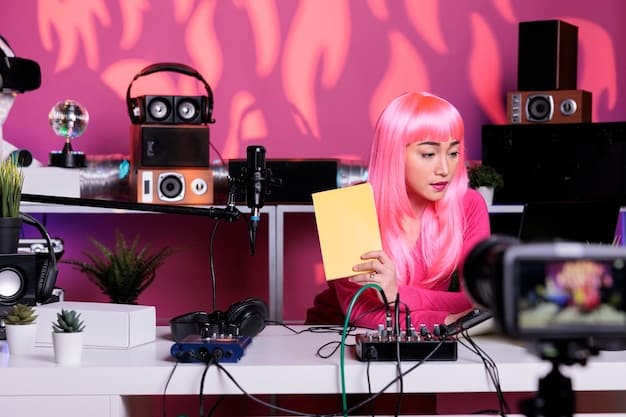 A digital illustration showcasing a K-Pop producer in a modern studio, surrounded by equipment and screens displaying data analytics on US music trends and listener preferences. The scene depicts a blend of Korean and American cultural elements.
