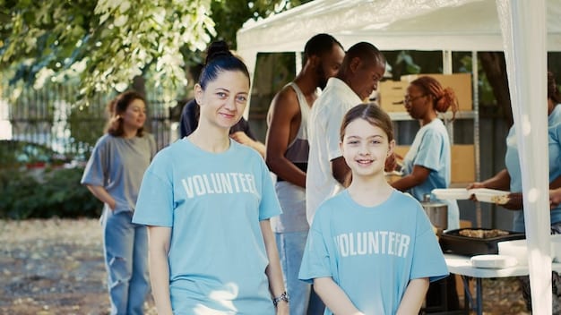 A group of US K-Pop fans gathered at a local charity event, wearing T-shirts with their idol's name and logo. They are smiling and engaged in activities such as packing food boxes or sorting donations. The scene captures the spirit of community and giving that is central to many K-Pop fan-led charity initiatives.