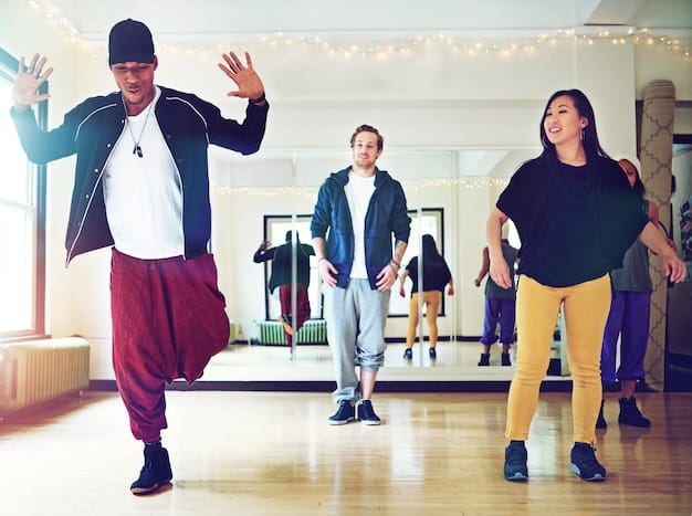 A diverse group of young Americans in a dance studio, practicing a K-Pop dance routine with high energy and enthusiasm. The instructor is also visible, providing guidance and encouragement.