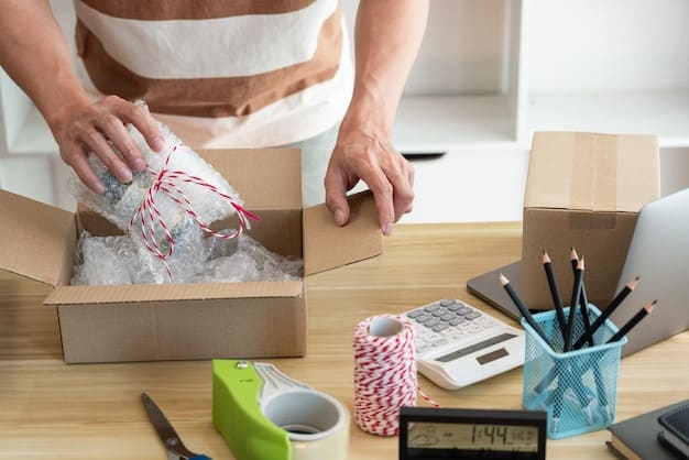 A person's hands opening a J-Pop subscription box, with various colorful items spilling out, including a CD, a poster, and some small figurines, emphasizing the excitement and anticipation of the unboxing moment.