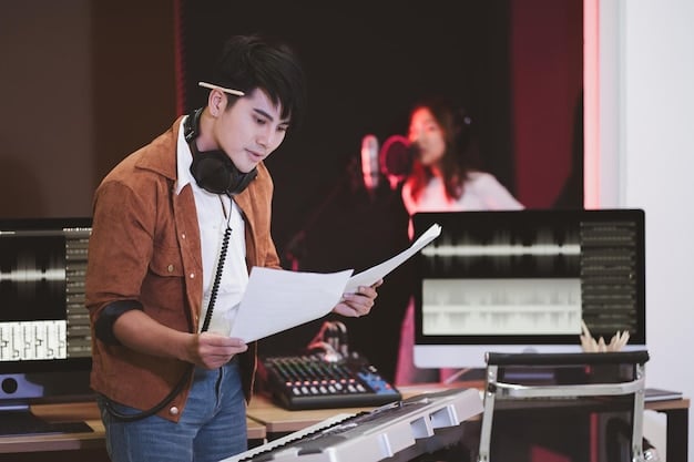 Cha Eun-woo in a recording studio, focused and contemplative, wearing headphones and standing before a microphone, showcasing his dedication to music creation.