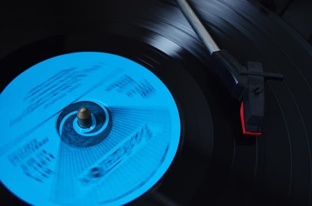A detailed, high-resolution shot of a vinyl record playing an album on a turntable, with a subtle glow around the record, emphasizing the resurgence of physical music formats.