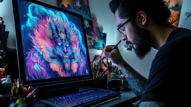 A digital artist working on a complex visual effect on a large monitor, surrounded by specialized design software. The screen displays a composite image of a J-Pop artist integrated into a fantastical digital environment.
