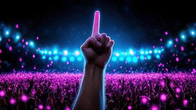 A fan holding a BTS lightstick (ARMY Bomb) aloft in a crowded stadium, showing the purple glow and the collective excitement of the audience, emphasizing the fan experience.