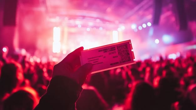 A close-up of a fan's hand holding a concert ticket with a blurry stage background, symbolizing the successful acquisition of a highly coveted pass to a BTS event.
