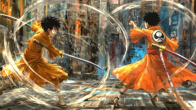 A stylized digital artwork featuring the duo YOASOBI, Ayase and Ikura, in a dynamic pose, surrounded by references to their music videos and literary influences, with a futuristic city skyline in the background, hinting at global reach.