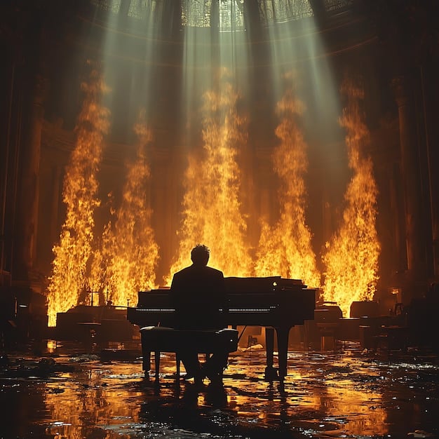 Fujii Kaze seated at a grand piano bathed in warm stage lights, with a microphone, capturing his intense musical focus and soulful performance, resonating with a global audience.