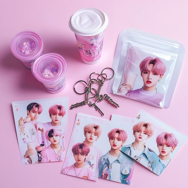 A detailed flat lay of various K-Pop album versions, photocards, and pre-order benefits, symbolizing the collecting aspect of fan culture.