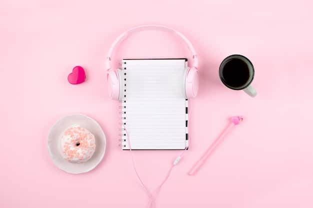 A minimalist flat lay of a K-Pop album, a pair of wireless headphones, a coffee mug, and a planner with notes about upcoming K-Pop release dates, symbolizing organized fandom.