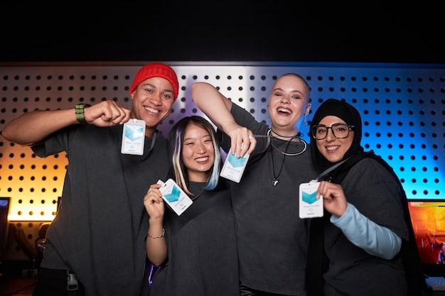 A group of diverse K-Pop fans proudly displaying their collected albums and photocards, smiling and interacting, symbolizing the joy of collecting and the community aspect of K-Pop fandom.