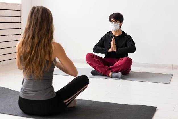 A K-Pop vocal coach demonstrating proper diaphragmatic breathing techniques to a student in a brightly lit studio, showing correct posture and abdominal movement.