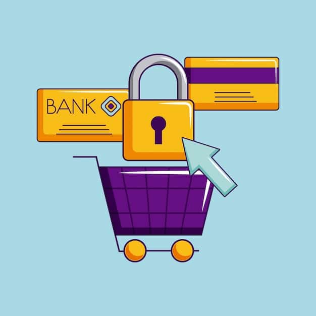 A detailed graphic showing a padlock icon over representations of secured payment methods like credit cards and PayPal logos, with an emphasis on 